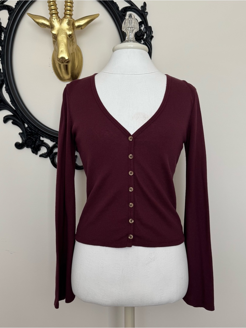 Others Follow Burgundy Ribbed V-Neck Top with Buttons